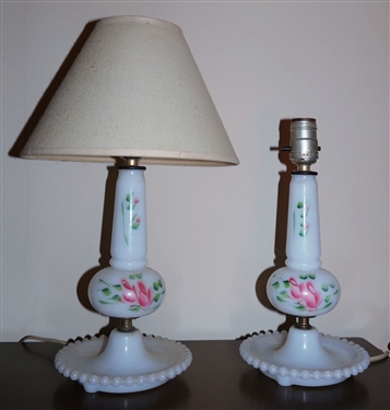 Pair of Hand Painted Milk Glass Lamps Measuring 12 Tall 