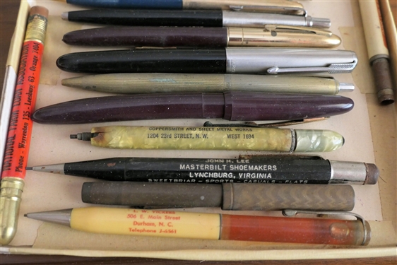 Collection of Pens and Pencils including Advertising Masterbuilt Shoemakers, Albert Sorensen, York Laundry Marker, and Others