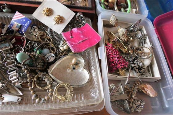Large Lot of Costume Jewelry including Rhinestones, Earrings, Pins, Sweater Clips, Christmas Jewelry, Necklaces, and More