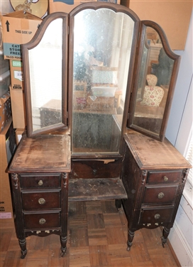 1930's Mahogany Vanity with Movable 3 Way Mirror - Some Finish Issues - Measures 68 tall 45 by 18 