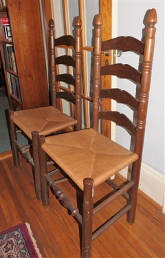 Pair of Nice Ladderback Chairs - Rush Bottoms - Acorn Finials