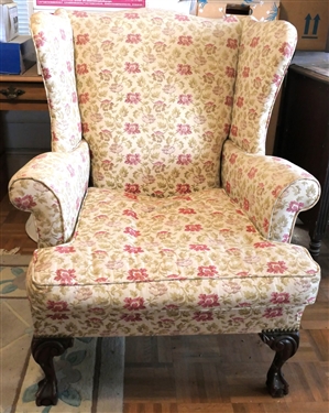 Wing Back Chair with Ball and Claw Feet Floral Upholstery - Measures 38 tall 38 by 28 