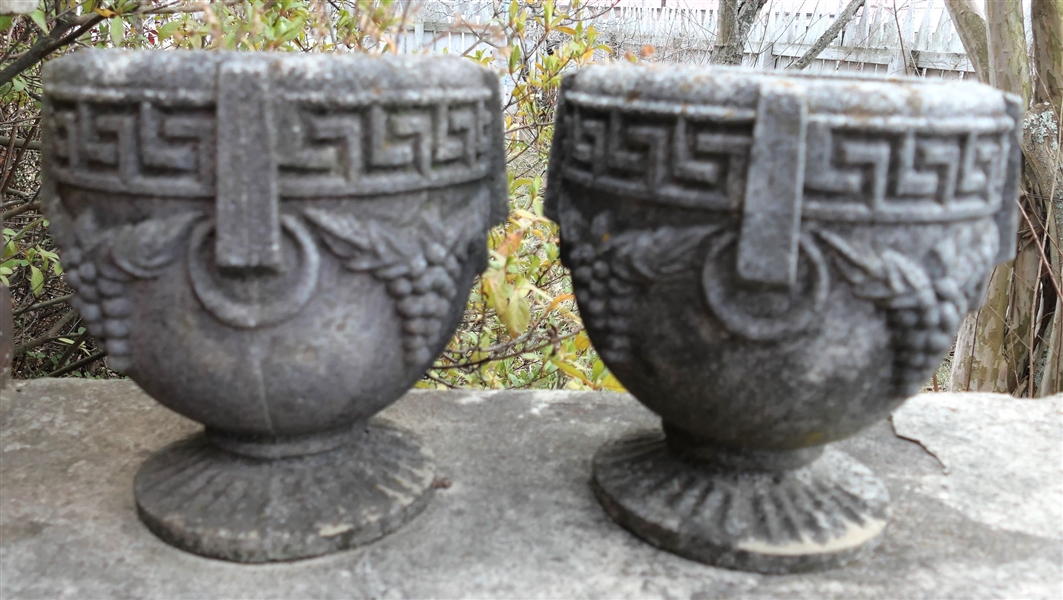 Pair of Cement Planters with Greek Key and Grape Design - Measures 9" Tall 8" Across