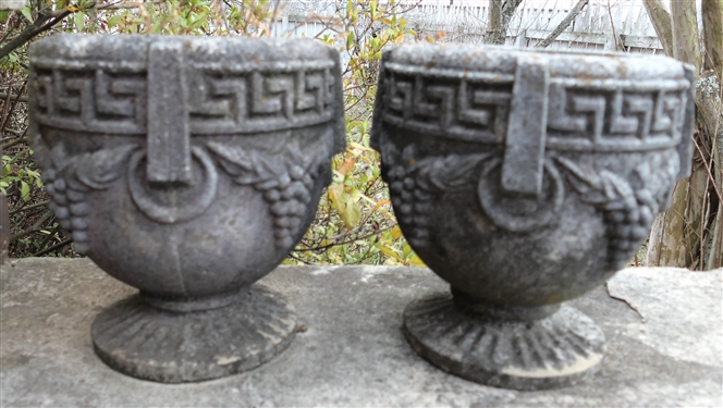 Pair of Cement Planters with Greek Key and Grape Design - Measures 9 Tall 8 Across