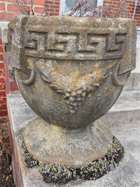 Large Cement Planter with Grapes and Greek Key Design - Measures 17 1/2 tall 15 1/2 Across