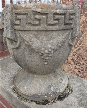 Large Cement Planter with Grapes and Greek Key Design - Measures 17 1/2 tall 15 1/2 Across