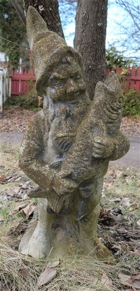 Concrete Garden Gnome Holding a Fish - Measures 31" Tall