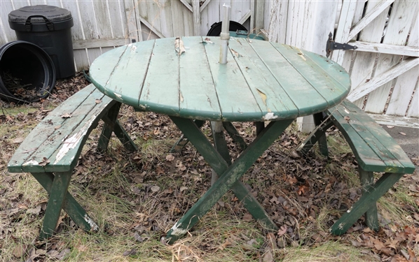 Round Wood Patio Table and 2 Bench Seats - Table Measures 29Tall 47 Across