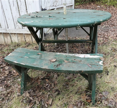 Round Wood Patio Table and 2 Bench Seats - Table Measures 29Tall 47 Across
