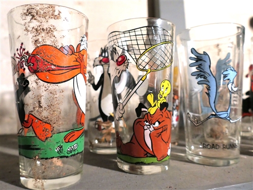13 Pepsi Cartoon Glasses including Superman, Bugs Bunny, Road Runner, Sylvester The Cat, and More
