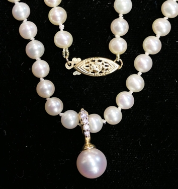 Beautiful Pearl Necklace with 14kt Gold Clasp and 14kt Pearl Pendant with Diamond Accents - Necklace Measures 20" Long