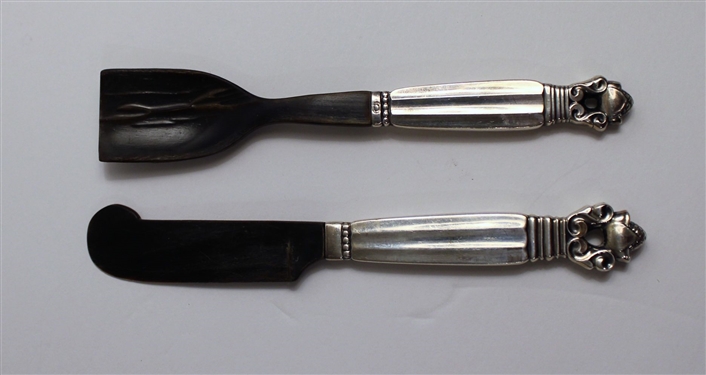 George Jensen Denmark Sterling Silver Handled Cheese Servers with Wood Blades - Knife Measures 6 1/4" Long Spoon Measures 6"