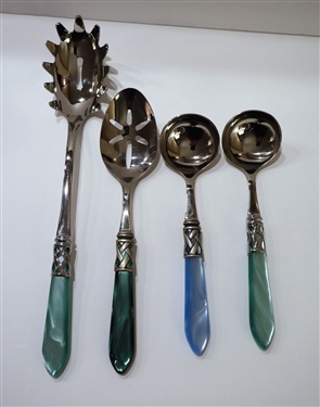 4 Bugatti Italy Serving Utensils - Pasta Server, Slotted Spoon, and 2 Serving Spoons - Signed Bugatti Italy 18/10
