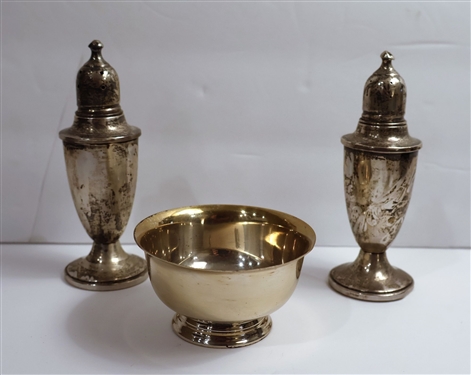 3 Sterling Silver Pieces Paul Revere Reproduction Sterling Silver Bowl by Boardman - Number 570 and Pair of Weighted Sterling Silver Shakers - Dome Dents - Small Bowl Measures 1 1/2" Tall 3" Across