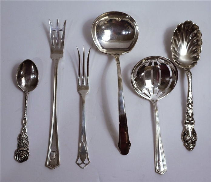 5 Pieces of Sterling Silver including Gorham J.E. Caldwell Small Ladle, Fancy Sterling Silver Fluted Spoon, Pierced Spoon, and Monogrammed Forks - Rose Spoon is Not Silver - Ladle Measures 6 1/4...
