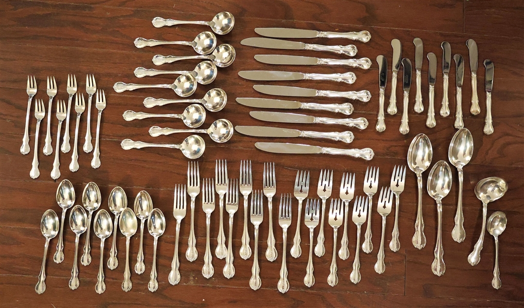 67 Pieces of Towle French Provincial Sterling Silver Flatware including 9 Dinner Forks, Salad Forks, Soup Spoons, Tea Spoons, Dinner Knives and Butter Knives, 8 Shrimp Forks, 3 Serving Spoons,...
