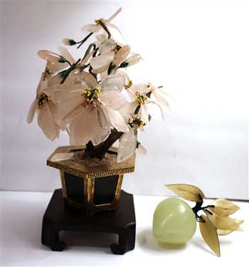 Asian Tree with Stone Flower Petals and Wood Base and Stone Carved Apple - Tree Measures 9" Tall without Stand