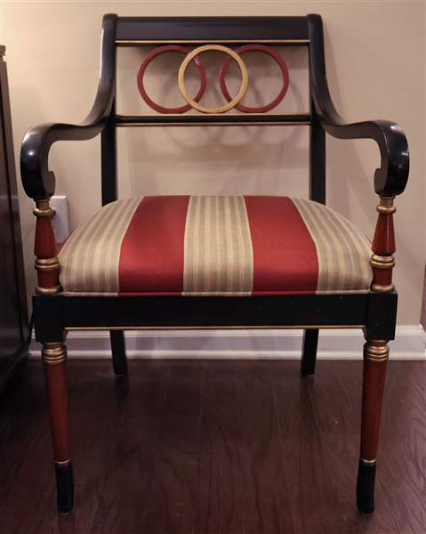 Regency Red, Black, and Gold, Arm Chair with Striped Upholstered Seat - Measures 33" tall 22" by 19" 