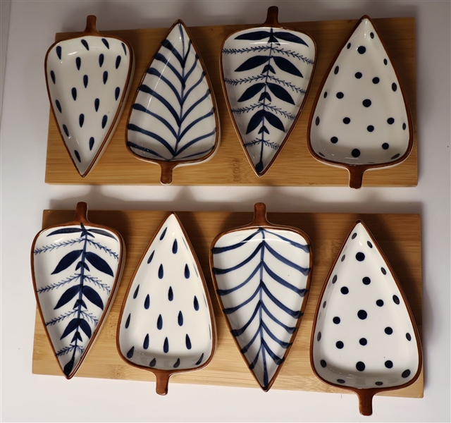 2 Olive / Nut Dishes with Bamboo Underplates - Blue and White Porcelain Dishes 