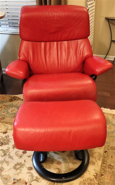 J.E. Ekornes Red Leather Chair with Ottoman - Chair is Oversized - Measures 39 1/2" Tall 37" by 24" 