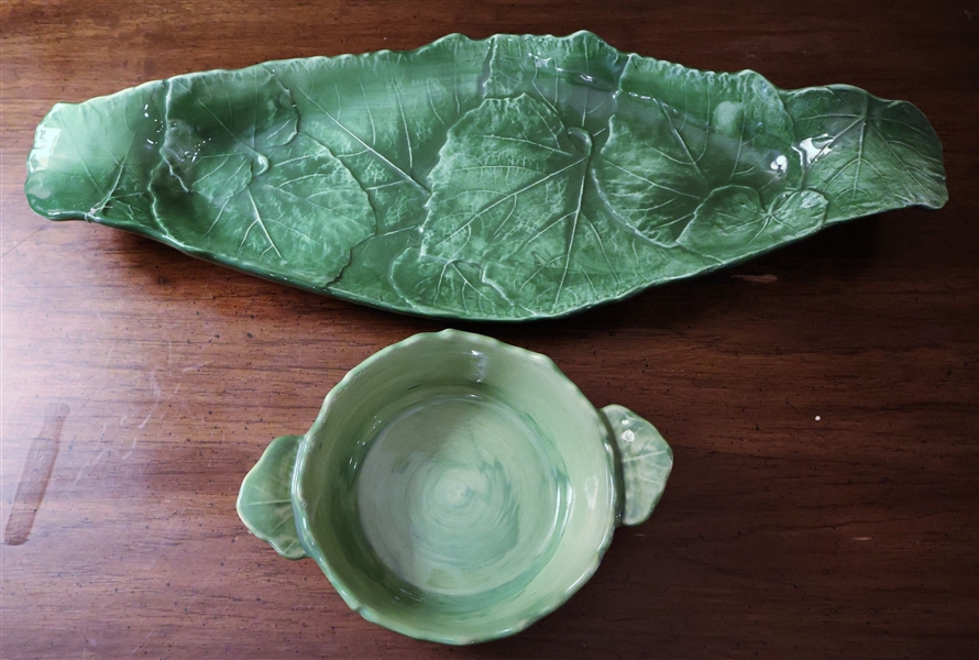 Green Vietri Oval Leaf Platter and Round Vietri Bowl with Handles - Platter Measures 19 1/2" by 7" Bowl Measures 5 1/2" Across