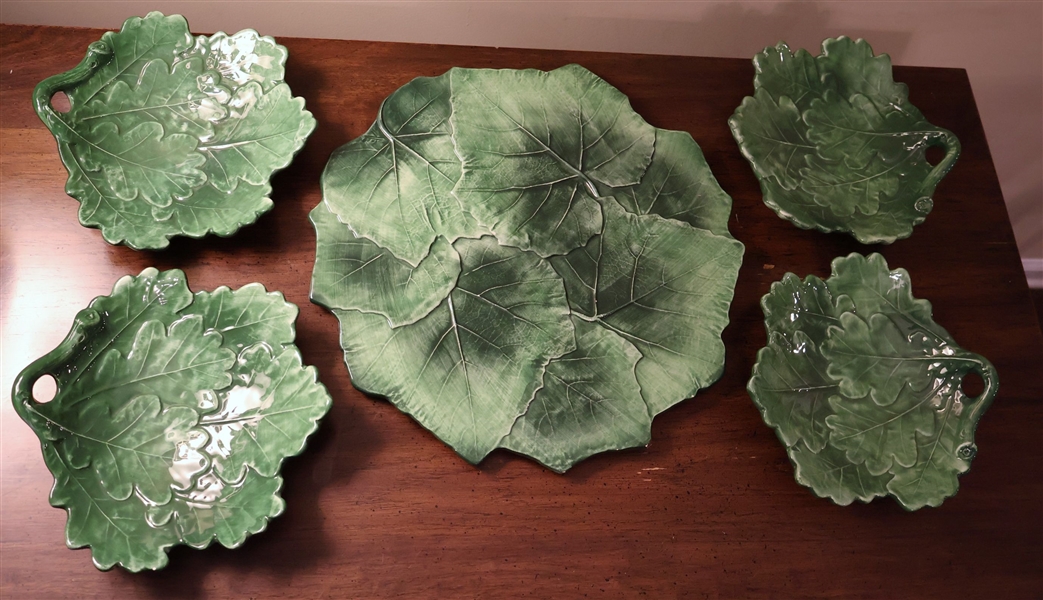 5 Green Leaf Vietri Dishes - 13" Platter and 4 8 Plates - Platter Has Some Minor Chips on Edges