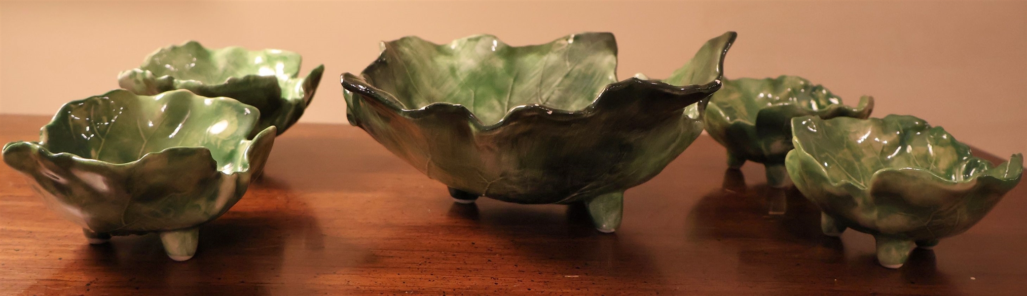 5 Vietri Green Leaf Bowls - Largest Bowl Measures 10" Across Smaller 5" Across - Some Minor Paint Flakes Around Edges