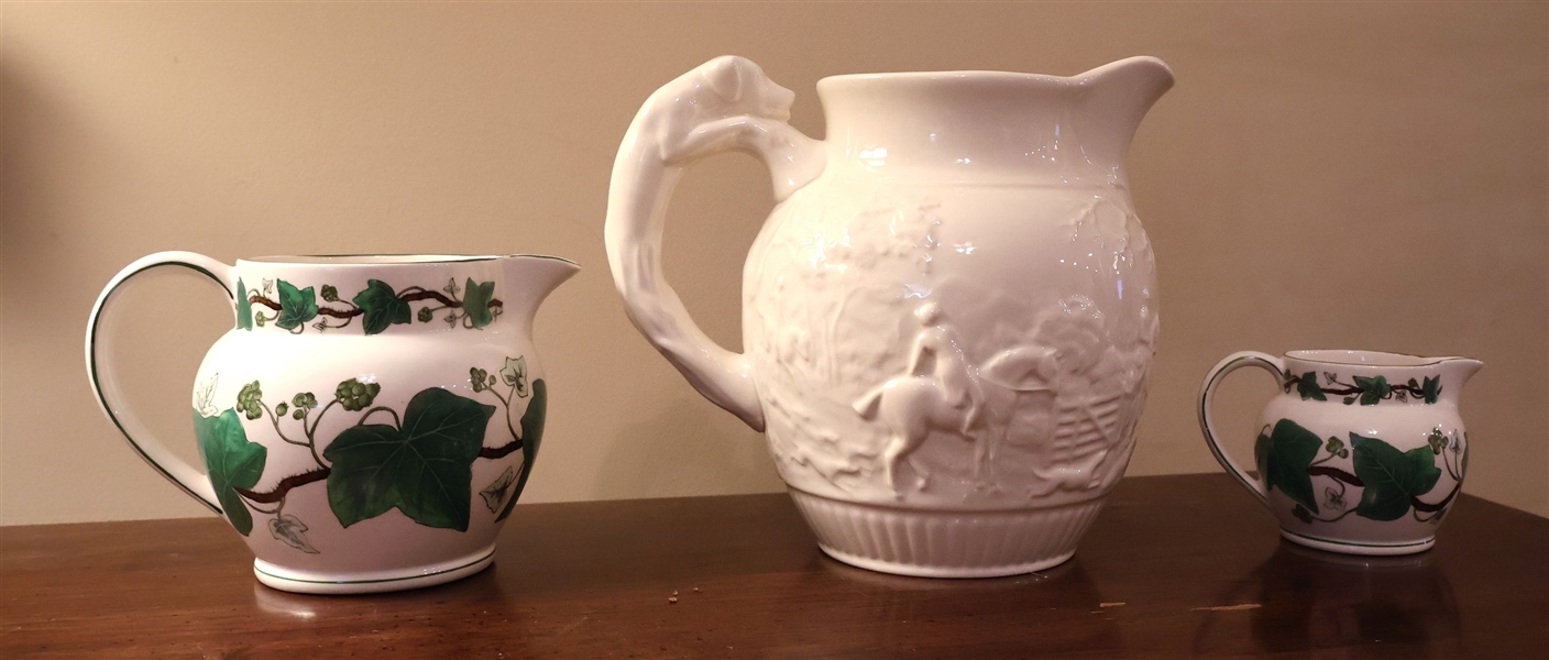 3 Wedgwood China Pitchers - 2 Napoleon Ivy Pitchers and  Wedgwood Fox Hunt Pitcher - Largest Hunt Pitcher Measures 8" Tall