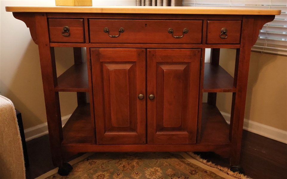 Very Nice Bob Timberlake for Lexington Furniture Double Sided Island - Cherry with Butcher Block Top - Dovetailed Drawers - On Wheels - Measures 37" Tall 55" by 28"
