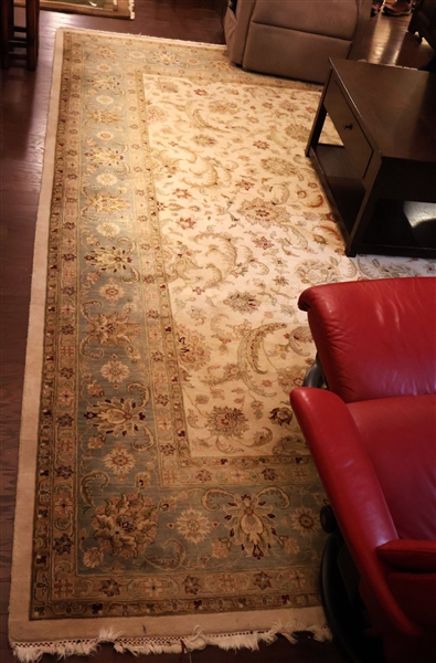 Finely Woven Tan, Cream, and Light Blue Wool Rug - Measures 810" by 12 4"