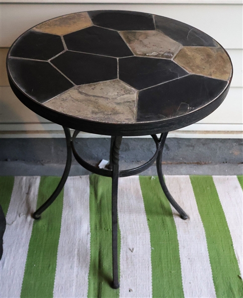 Round Metal Table with Slate Tile Top - Measures 20 1/2" Tall 18" Across