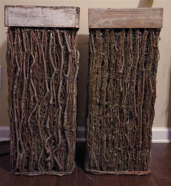 Pair of Twig and Moss End Tables - Faux Bark Tops - Each Measures 27" Tall 11" by 11" - Top Is Loose on 1 Table 