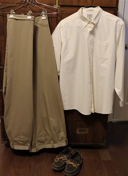 2 Pairs of Dockers 36" by 32" Khaki Dress Pants, LL Bean Dress Shirt, and Pair of LL Bean Size 9 Slippers 
