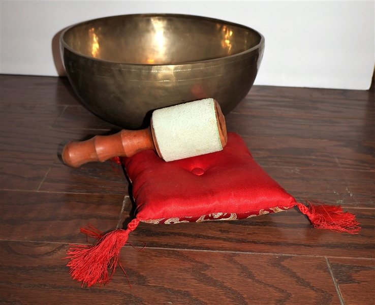 Large Brass "Singing Bowl" with Striker and Red Satin Pillow - Bowl Measures 13" Across