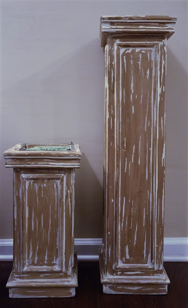 2 Wood Pedestals -Tops Are Open and Foam Filled ( For Flower Arrangements) - Tallest Measures 34" Tall Smaller 18" Tall - Both 9" by 9" Square