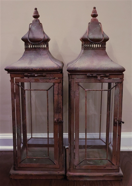 Pair of Metal Candle Lanterns - 1 is Missing Glass - Measuring 26" Tall 