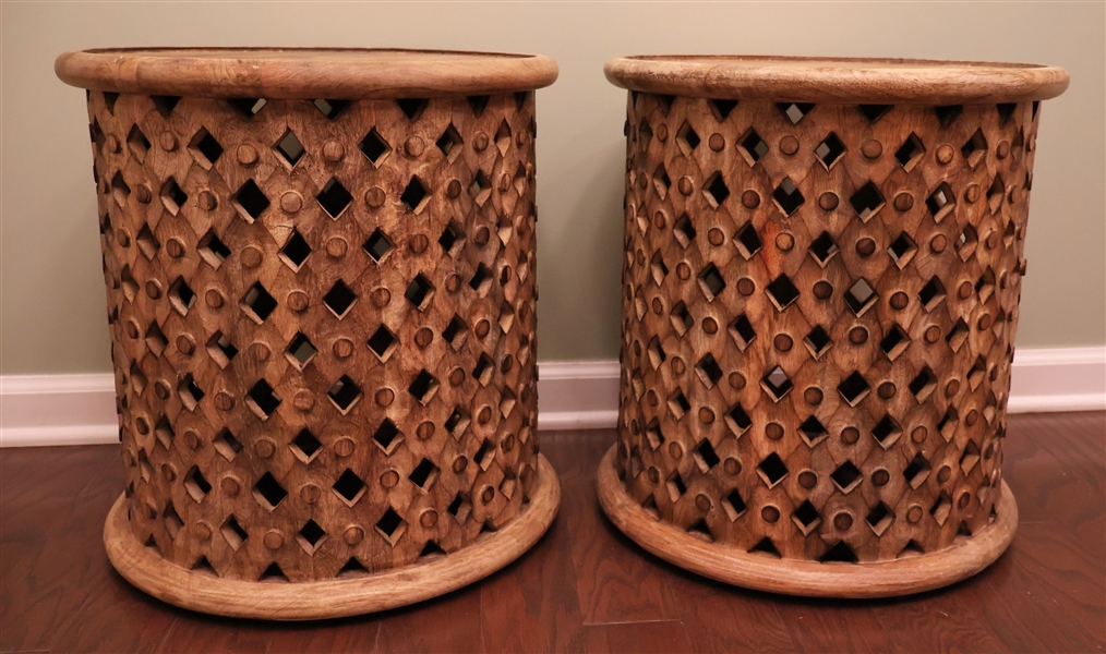 Pair of Round Wood Pierced Drum Style Tables - Measuring 18 1/2" Tall 17" Across - With Round Placemats on Top 