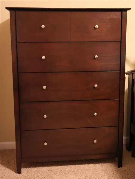 Dark Finish 5 Drawer Chest  - Brushed Nickel Knobs- Measures 52" Tall 37" by 18" 