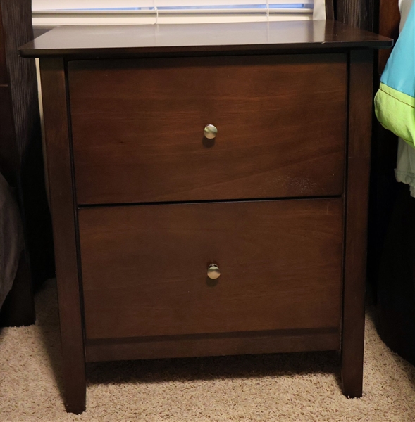 2 Drawer Dark Finish Night Stand - Brushed Nickel Knobs - Measures 26" tall 24" by 18" 
