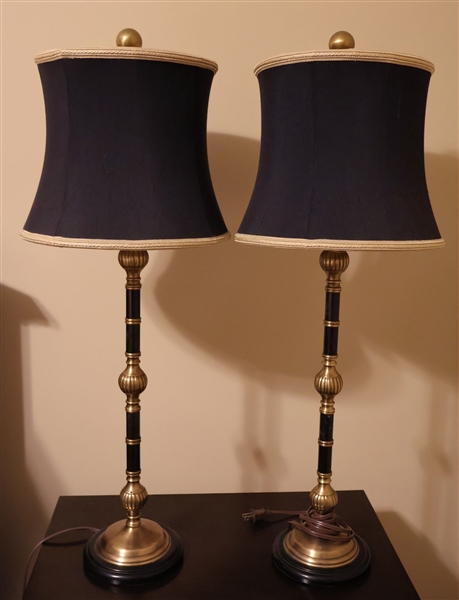 Pair of Nice Lacquered Brass and Black Marble Table Lamps - Made in India - Black Shades with Gold Cording - Each Lamp Measures 32" Tall 