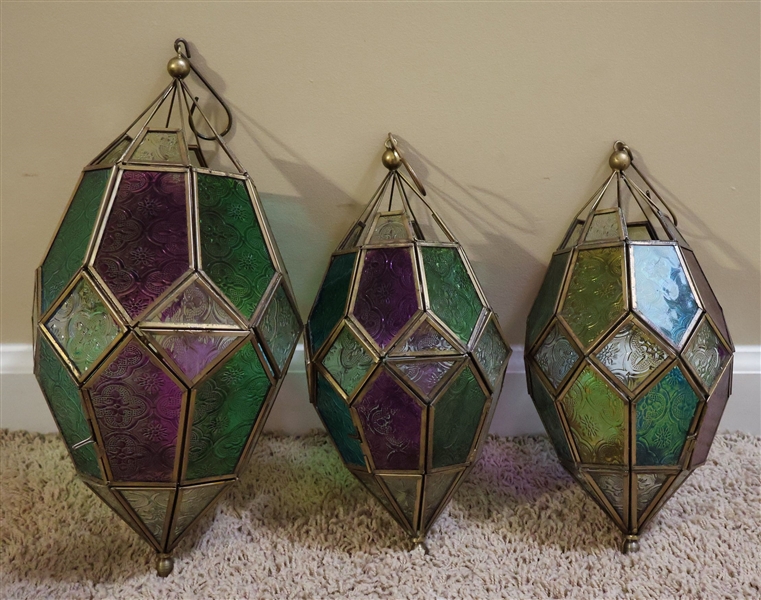 3 Colored Glass Hanging Candle Lanterns - Largest Measures - 16" Long Smaller Measure 14"