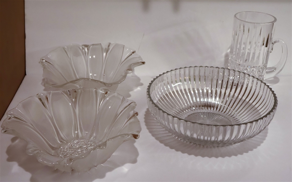 2 Flower Bowls with Satin Petals, Signed Heisey 8 1/2" Bowl, and Crystal Mug