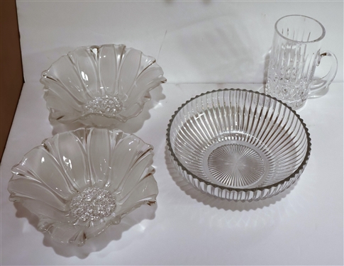2 Flower Bowls with Satin Petals, Signed Heisey 8 1/2 Bowl, and Crystal Mug