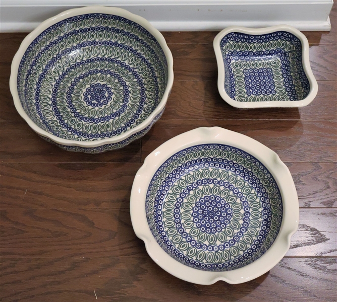3 Handmade in Poland Bowls with Blue and Green Decoration - Largest Bowl Measures 4" Tall 11" Across Small Square Measures 8" across 