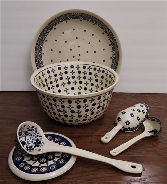 Lot of Handmade Polish Pottery including 12 1/2" Low Bowl, 10 1/2" Serving Bowl, Ladles, Scoop, and Trivet