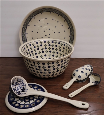 Lot of Handmade Polish Pottery including 12 1/2 Low Bowl, 10 1/2 Serving Bowl, Ladles, Scoop, and Trivet