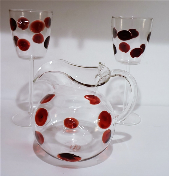 Vietri Hand Made In Italy Glass Pitcher and 2 Goblets - Clear with Red Applied Dots - Pitcher Measures 6" Tall Goblets Measure 9"