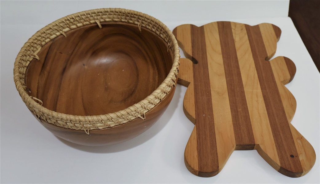 Wood Bowl with Woven Trim - Measures 5 1/2" tall 10" Across and Wood Bear Shaped Butcherblock Cutting Board - Measures 14" by 10"