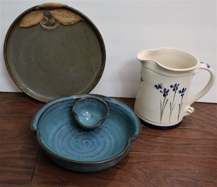 3 Pieces of Art Pottery including Stamped DS Dish with Applied Leaves 9" Across, Lynn Grey Pitcher, and JAR Signed Bowl with Smaller Bowl Attached Measuring 7 3/4"