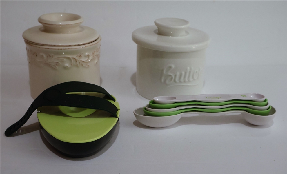 2 Butter Bell - Butter Crocks, Magnetic Nesting Measuring Spoons,  Avocado Keeper, and Unused 6 Pack of Sterno Canned Heat